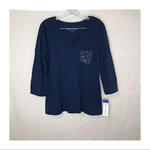 NWT Rebecca Malone Women's 3/4 Sleeve Decorative Pocket Top Blue Silver Large - Picture 2 of 10